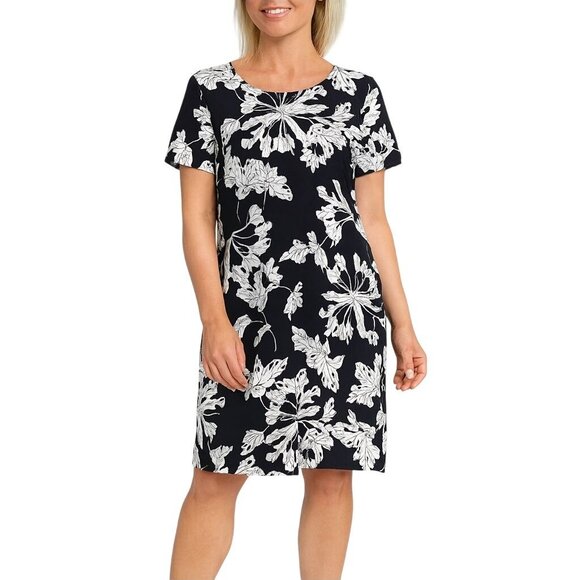 Banana Republic Size 12 Black & White Floral Short Sleeve Dress Elegant - Picture 1 of 14